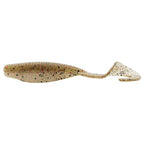 Cream and gold curly-tail soft fishing lure with multicolor speckled pattern.