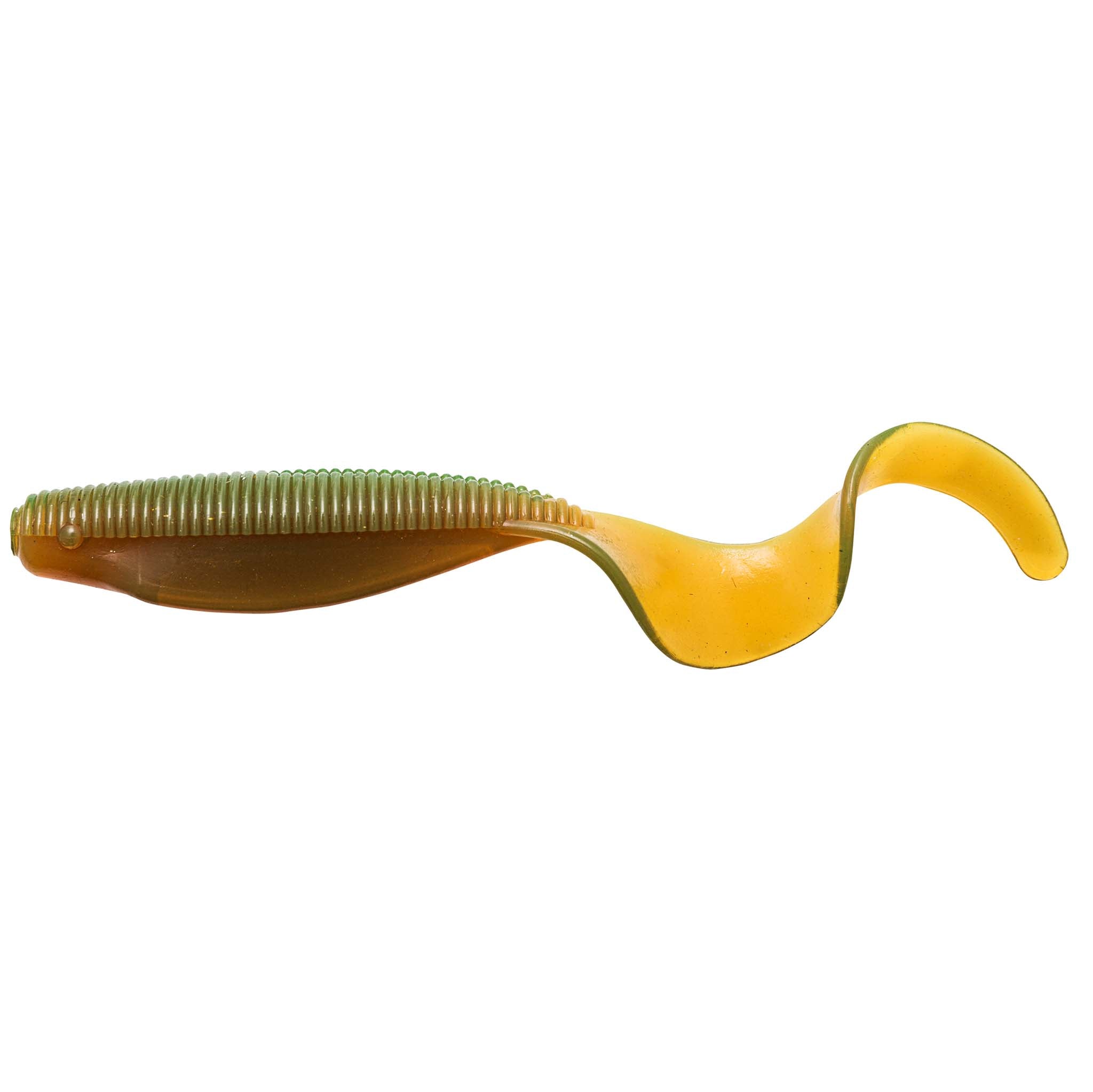 Brown and yellow curly-tail soft fishing lure with ridged body texture.