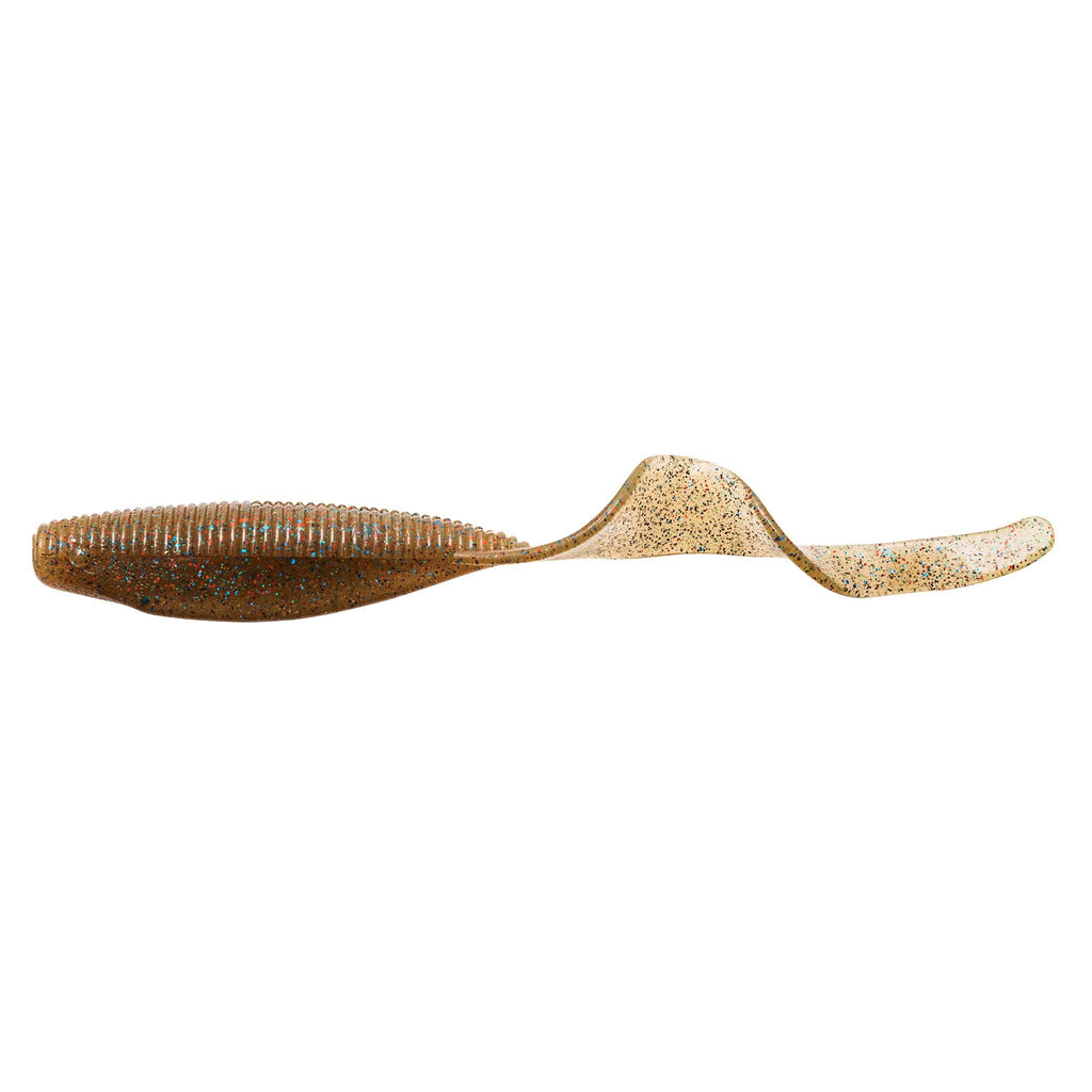 Tan and orange curly-tail soft fishing lure with speckled glitter finish.