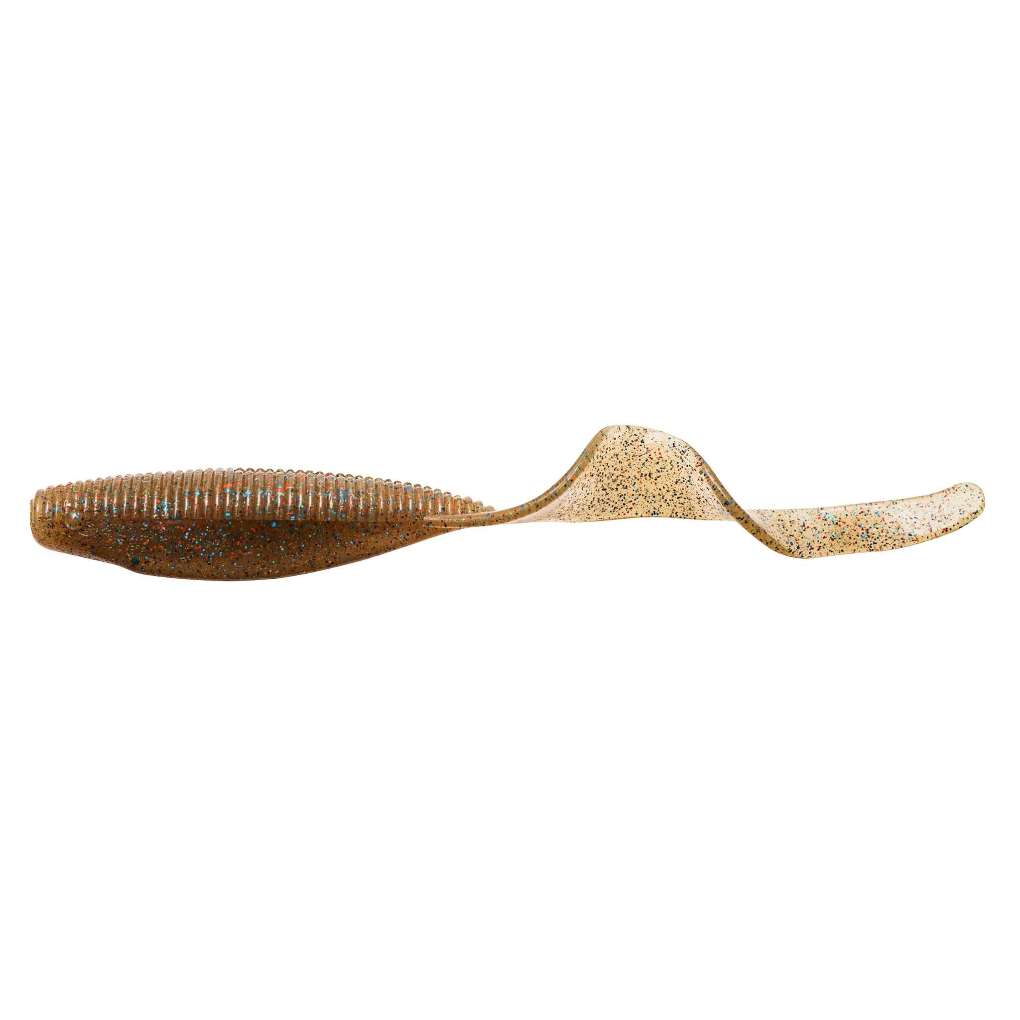 Tan and orange curly-tail soft fishing lure with speckled glitter finish.