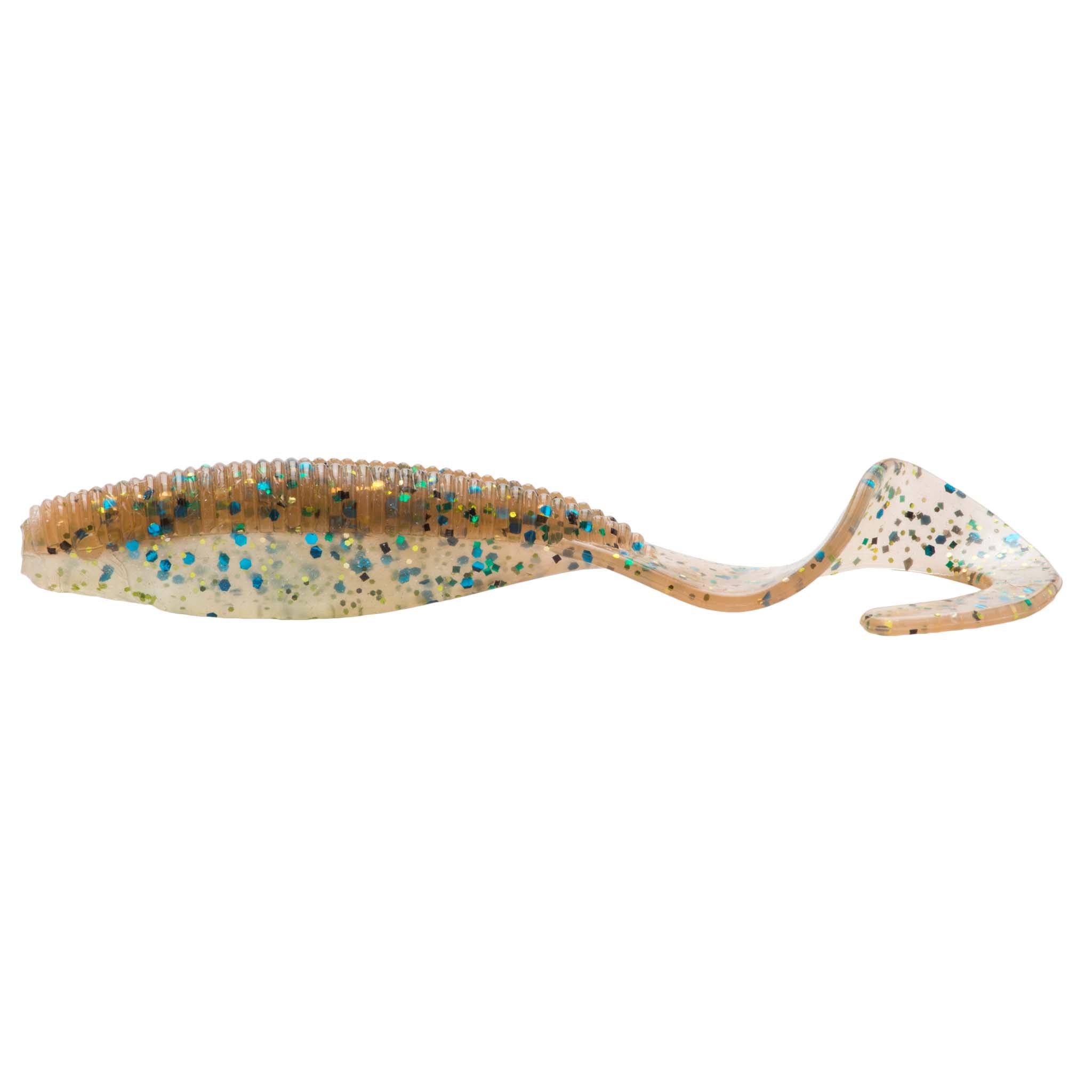 Curly tail soft plastic lure with tan body and blue speckles