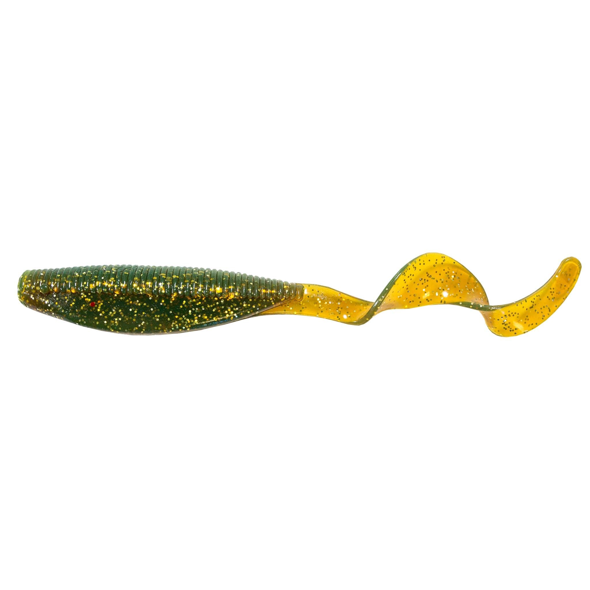 Curly tail soft plastic lure in dark green with gold glitter and speckles