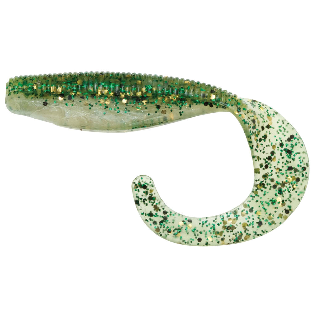 Curly tail soft fishing lure in green speckled pattern, ribbed body and tail