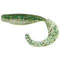 Curly tail soft fishing lure in green speckled pattern, ribbed body and tail