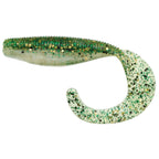 Curly tail soft fishing lure in green speckled pattern, ribbed body and tail