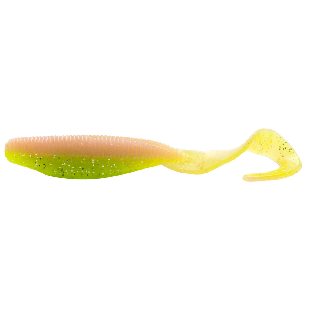 Curly tail soft fishing lure in yellow-green, speckled body with curled paddle tail