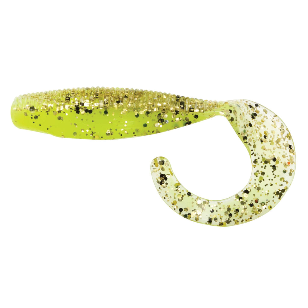 Curly tail soft fishing lure in bright chartreuse with dark speckles, ribbed body