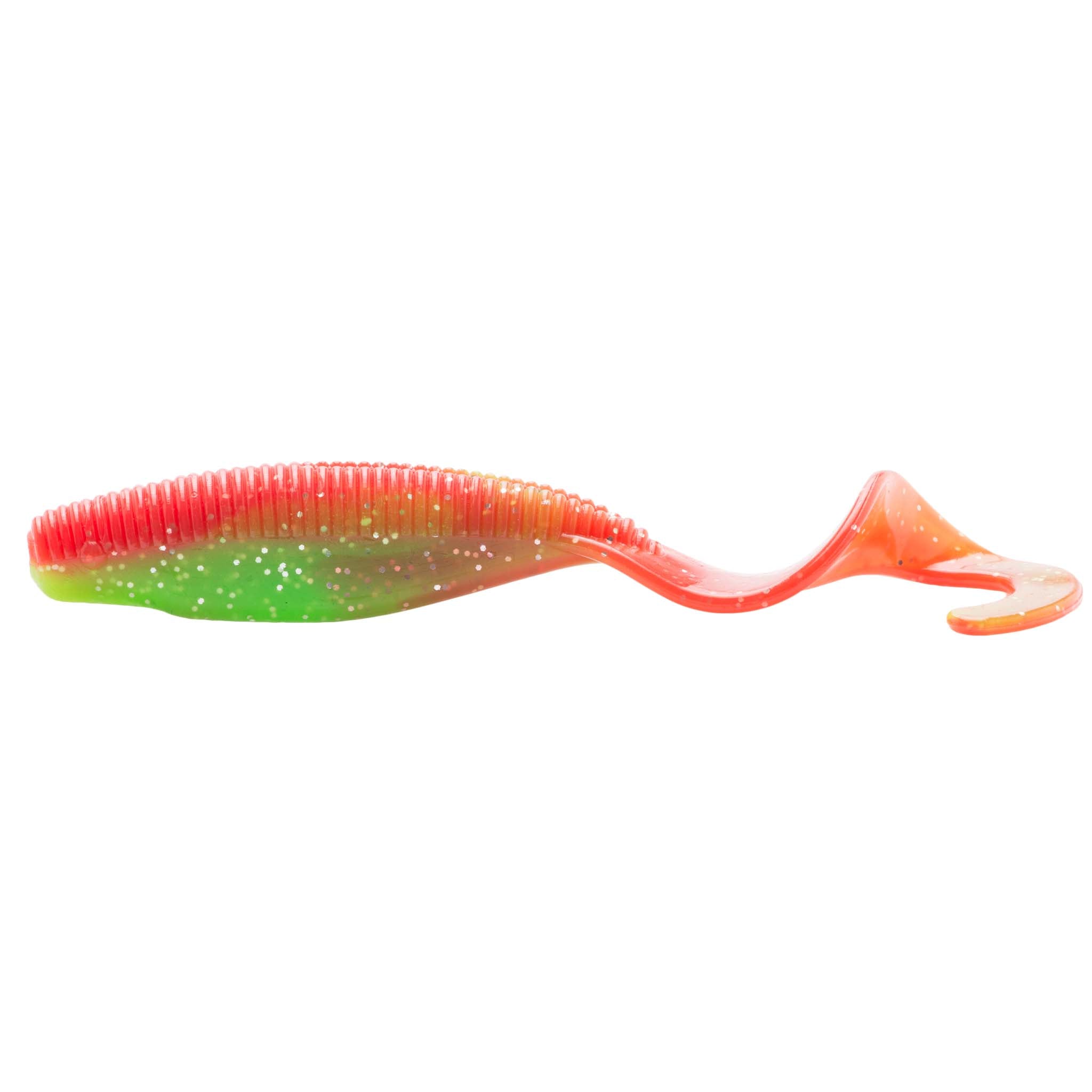 Curly tail soft plastic lure in red-orange with green underside