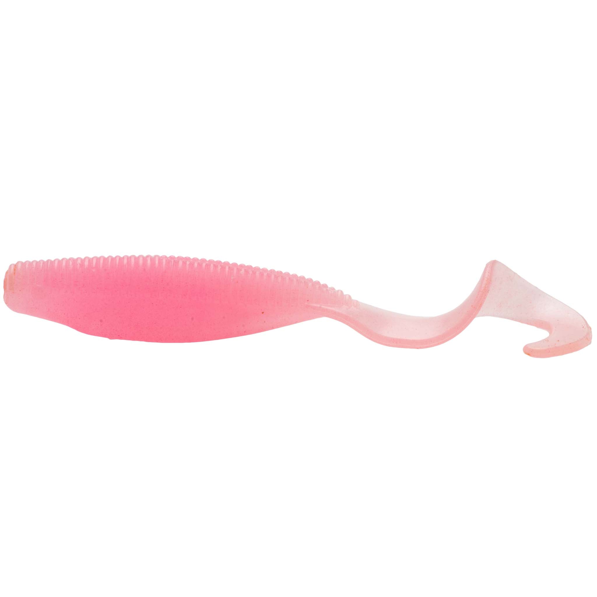 Pink curly tail soft plastic fishing lure with tapered body and split tail fin