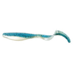 Blue and white curly tail soft plastic fishing lure with speckled back and wavy tail