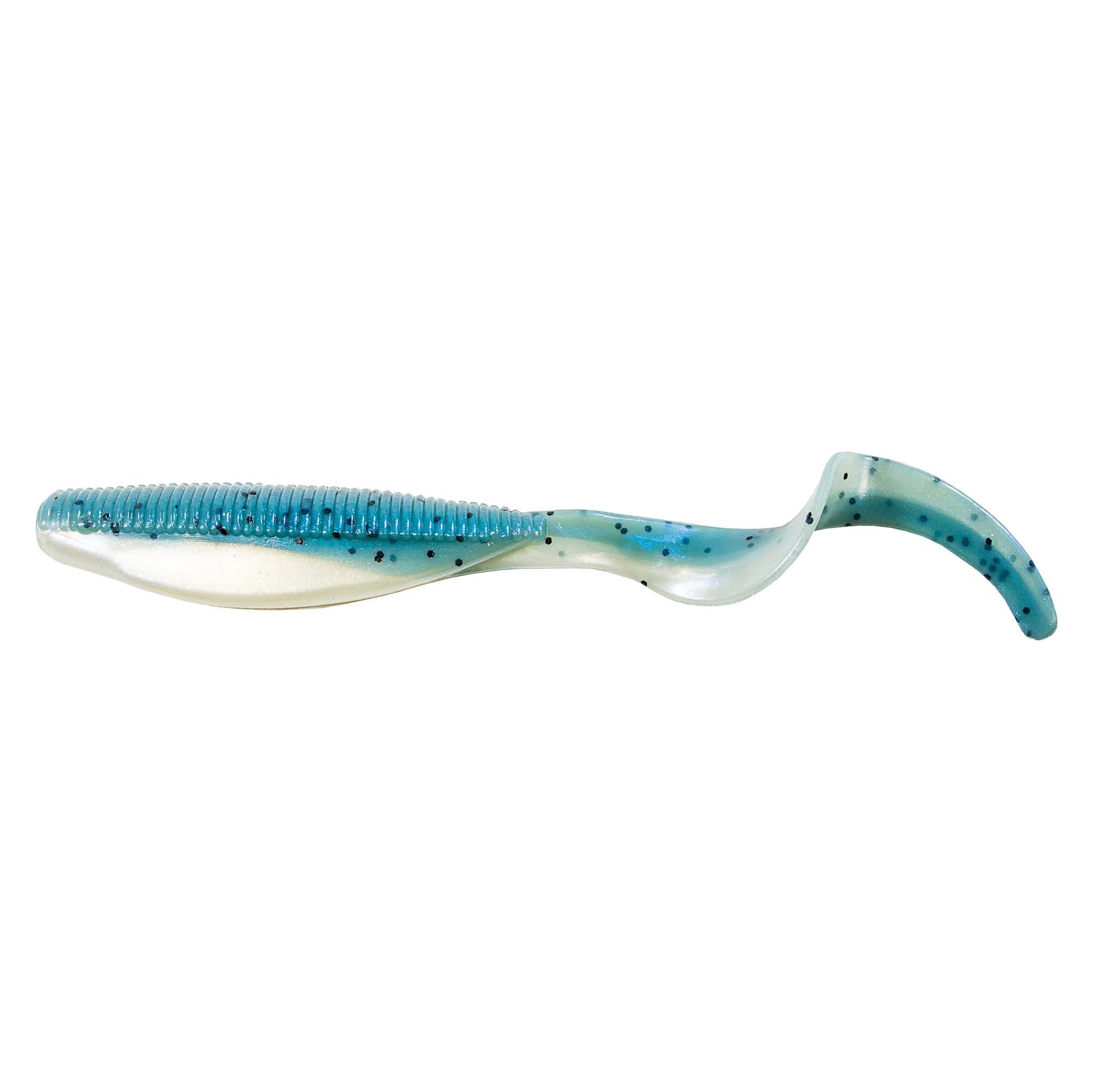 Blue and white curly tail soft plastic fishing lure with speckled back and wavy tail