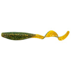 Green and yellow speckled curly tail soft plastic fishing lure with paddle-style fin
