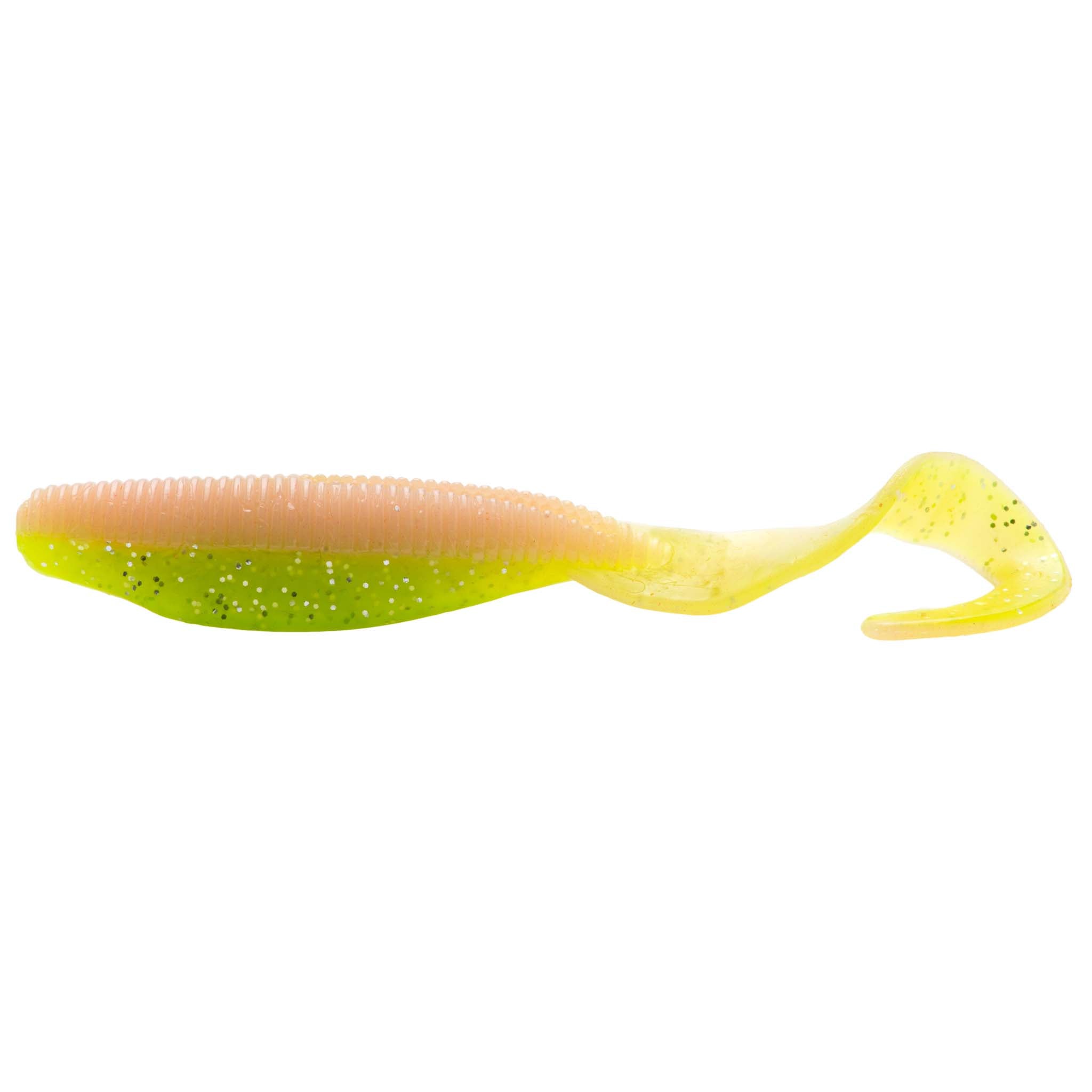 Curly tail soft plastic lure in lime green and pale yellow gradient