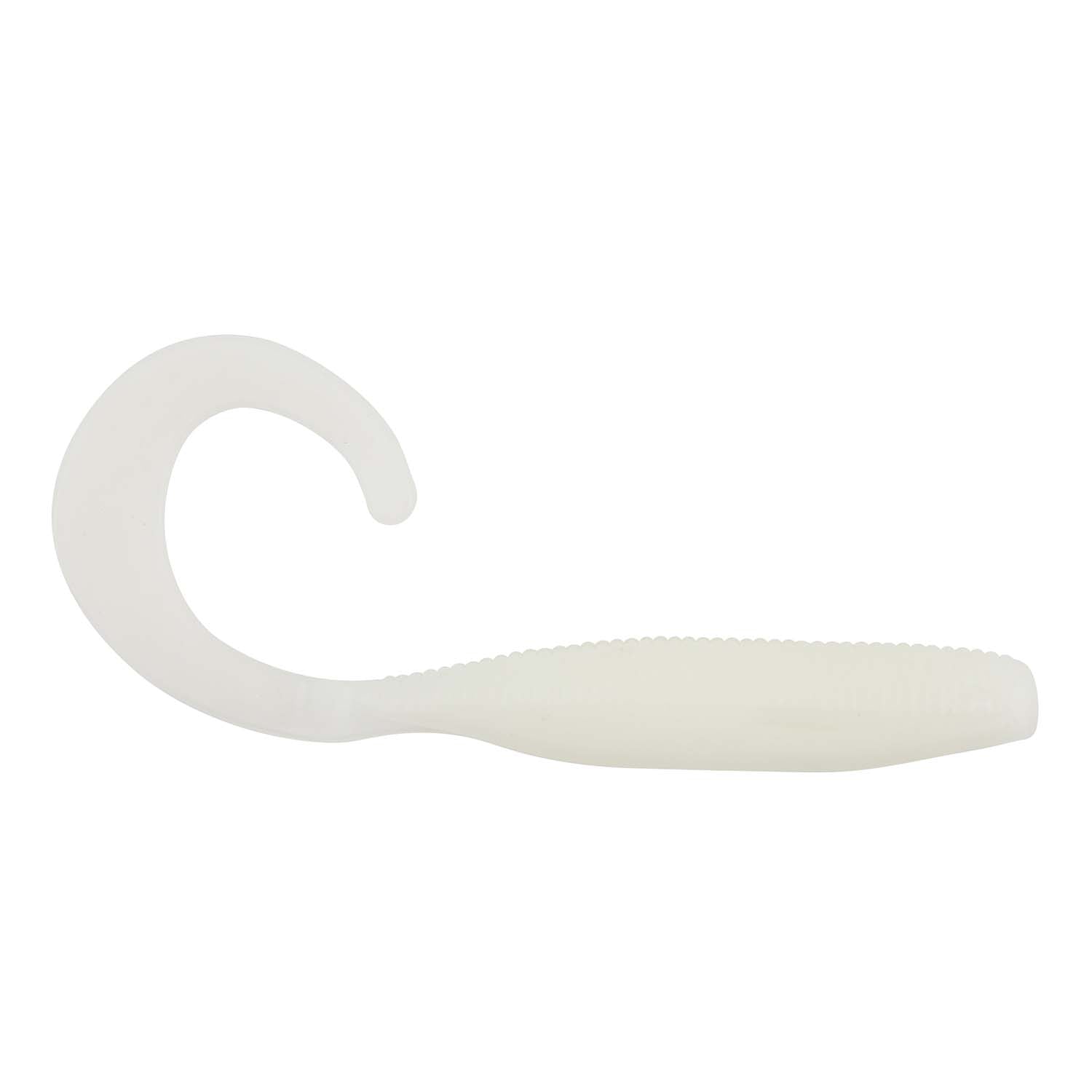 Light gray curly tail soft plastic fishing lure with smooth curved head