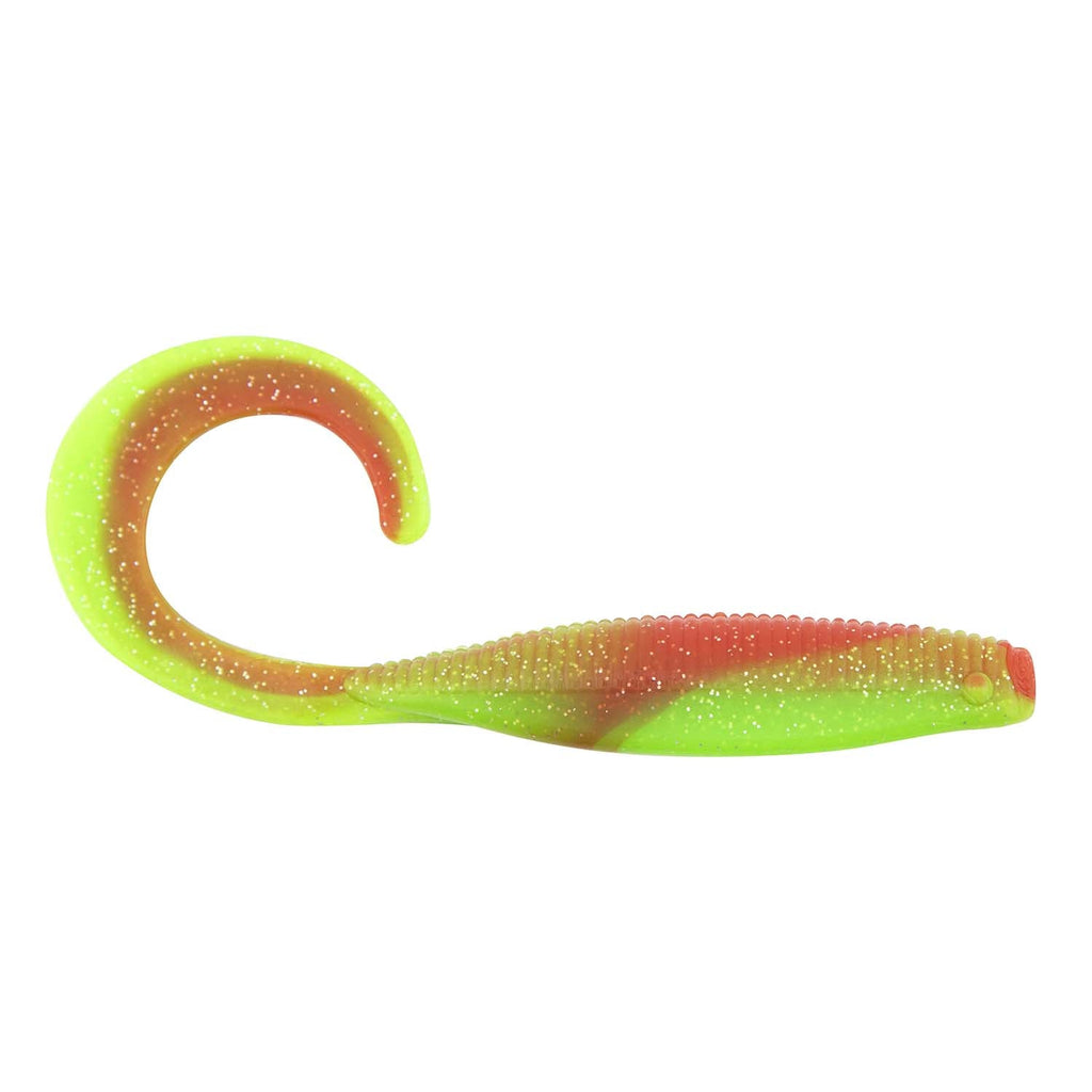 Neon green to orange curly tail soft plastic fishing lure with glitter speckle finish