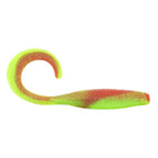 Neon green to orange curly tail soft plastic fishing lure with glitter speckle finish