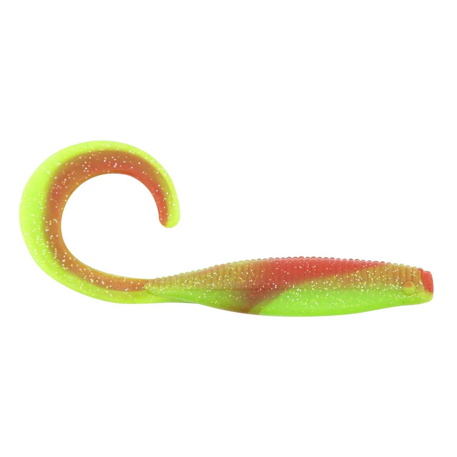 Neon green to orange curly tail soft plastic fishing lure with glitter speckle finish