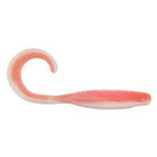 Curly tail soft fishing lure in coral pink, ribbed body with curled tail
