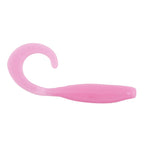 Curly tail soft fishing lure in pink, ribbed body with curled tail