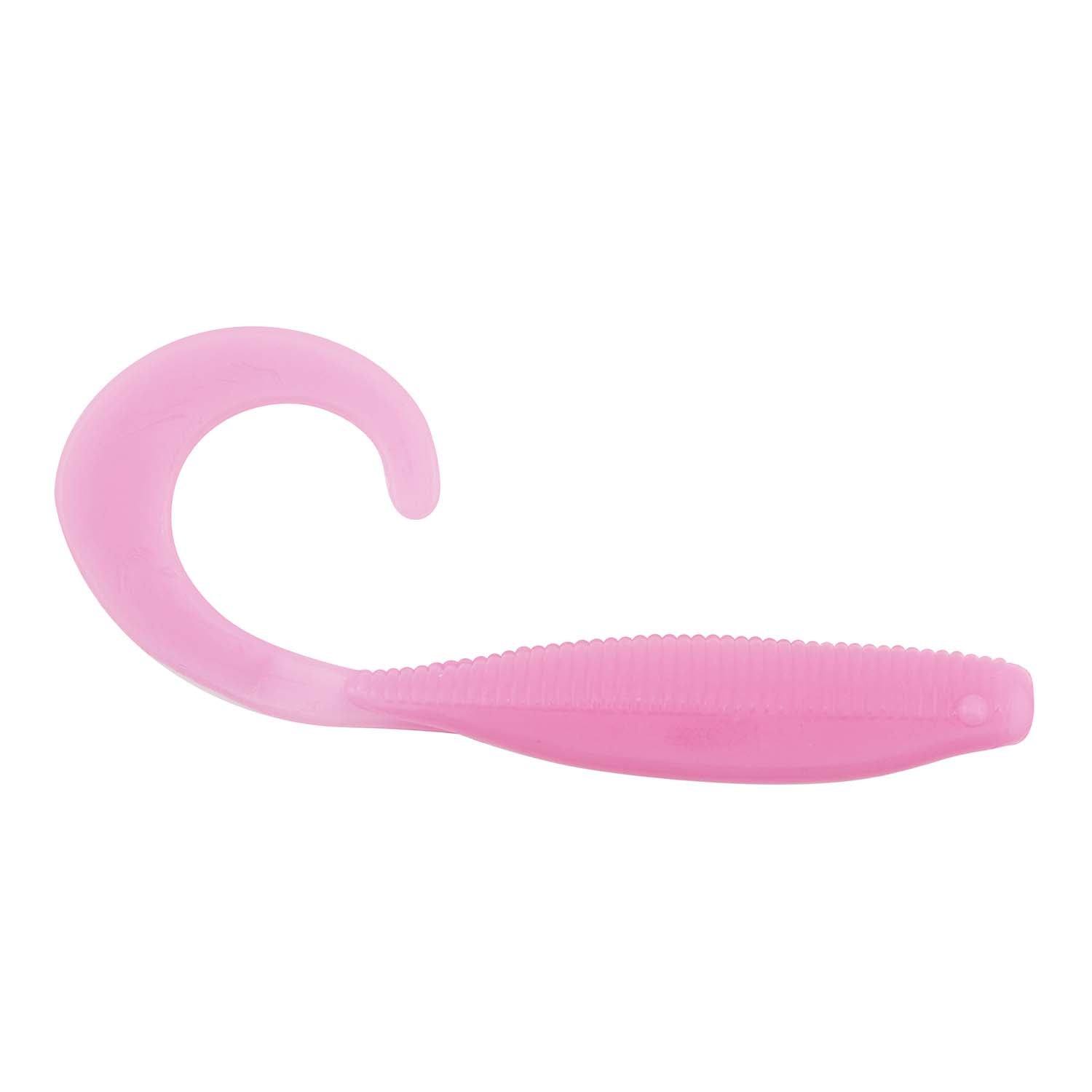 Curly tail soft fishing lure in pink, ribbed body with curled tail