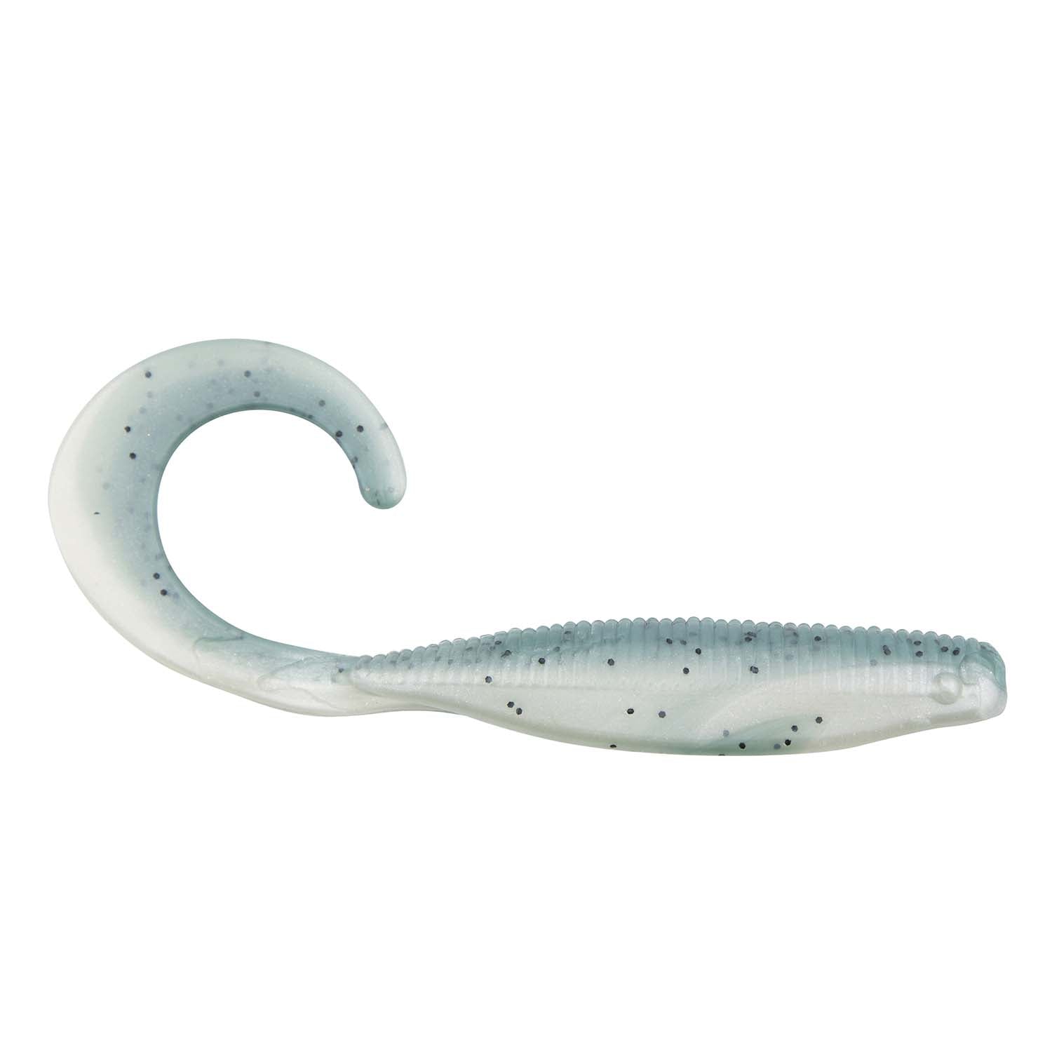 Curly tail soft fishing lure in light blue with dark speckles, ribbed body