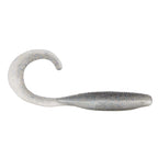 Silver gray speckled curly tail soft plastic fishing lure with curved head and tail