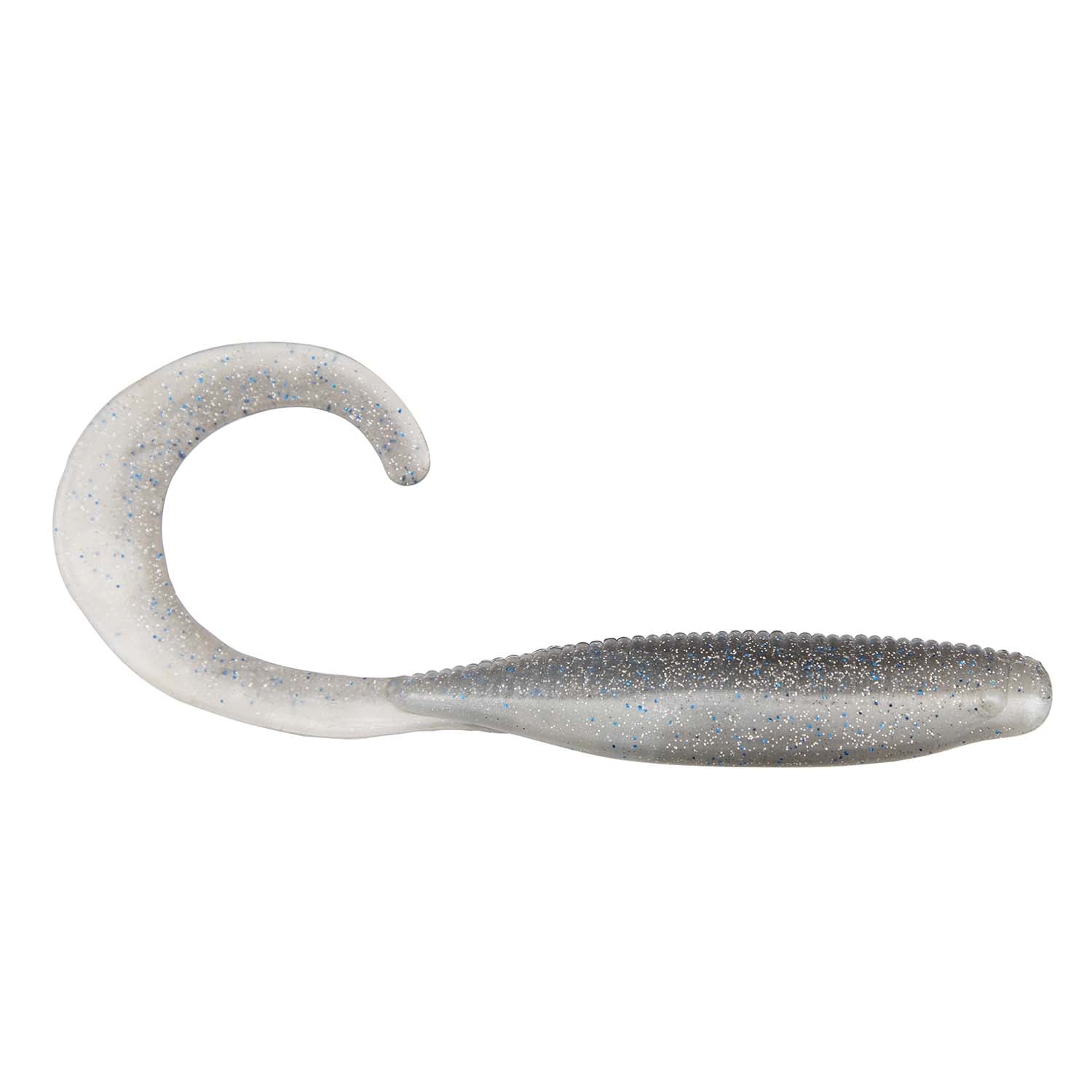 Silver gray speckled curly tail soft plastic fishing lure with curved head and tail