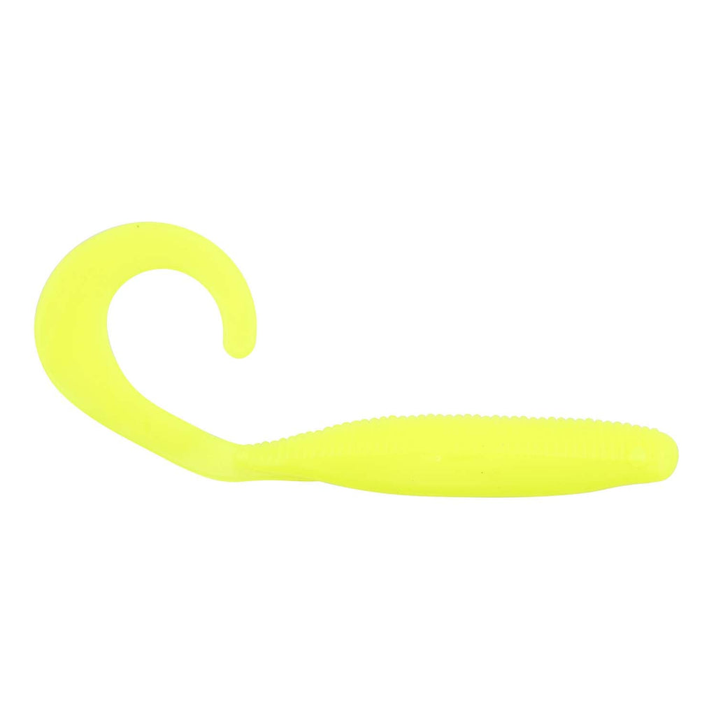 Bright chartreuse curly tail soft plastic fishing lure with rounded bend at the head