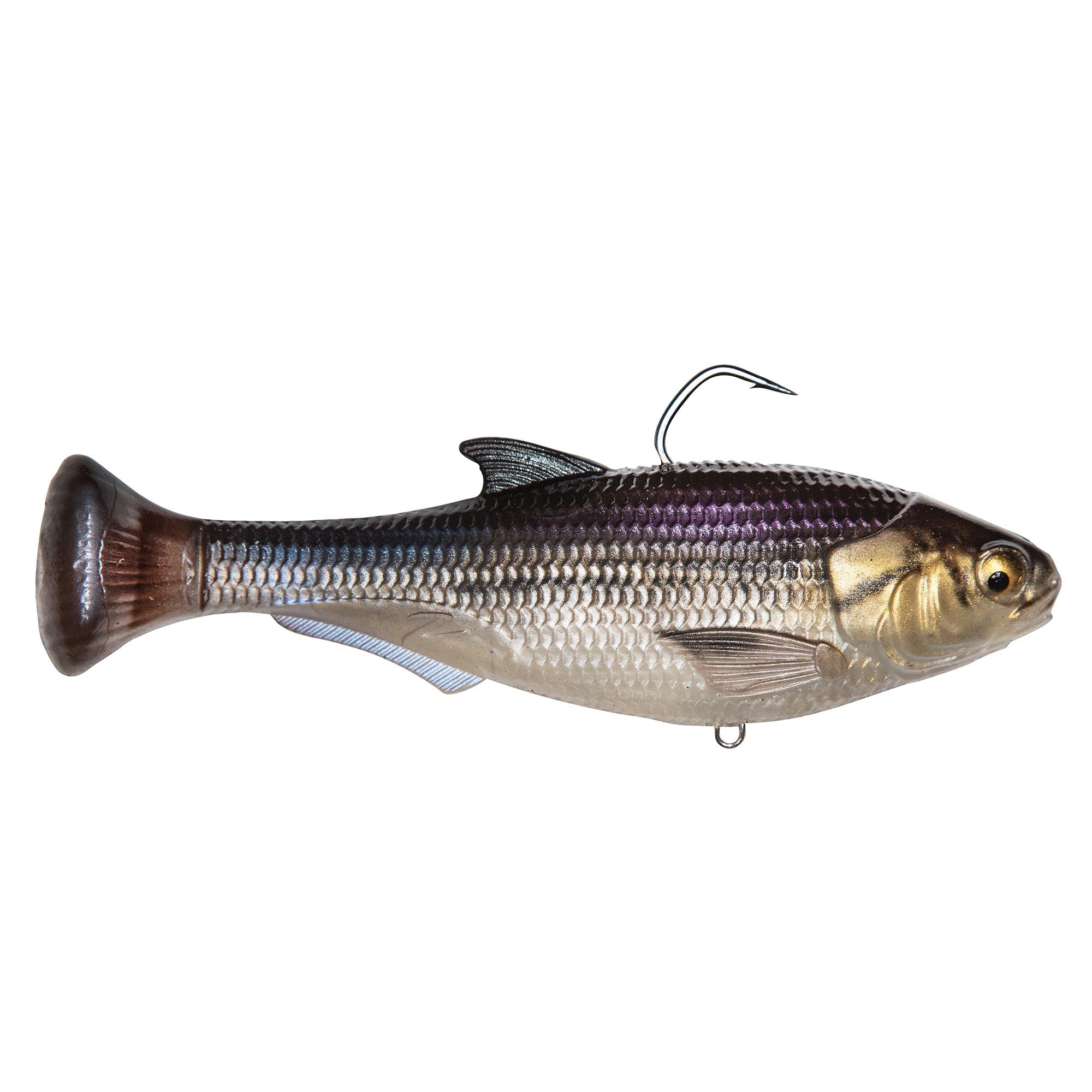Swimbait fishing lure with silver-white body, dark tail, and exposed hook