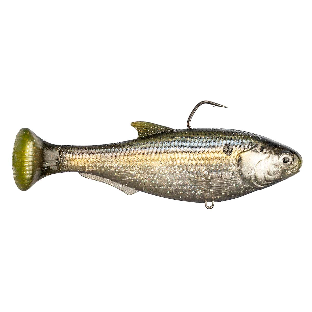 Shadtron LT fish-shaped fishing lure with blue-gray scales, green tail, and rear hook