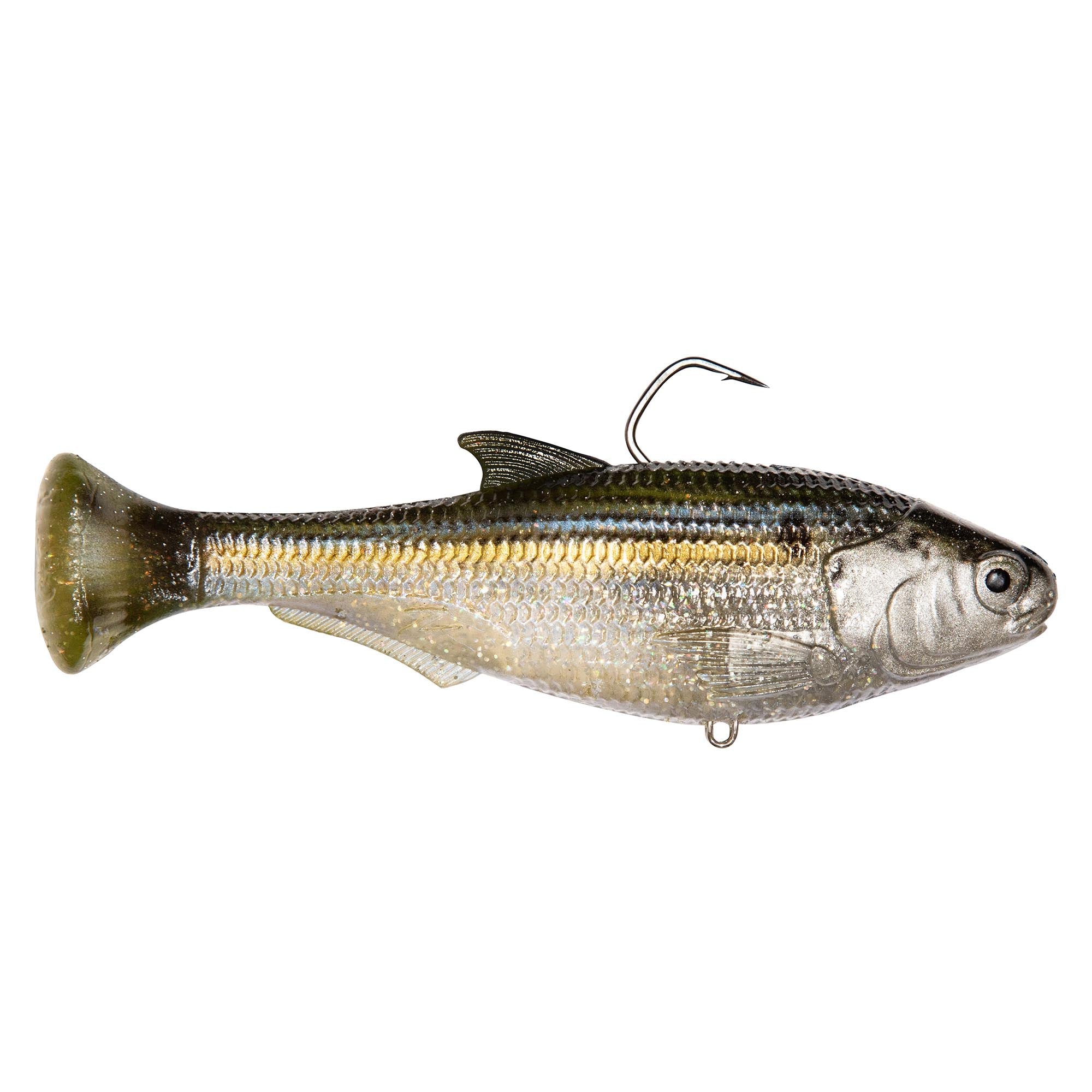 Olive-gold shad-style fishing lure with dark dorsal fins and single top hook