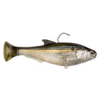 Silver and olive shad fishing lure with darker back, yellow eye, and exposed treble hook