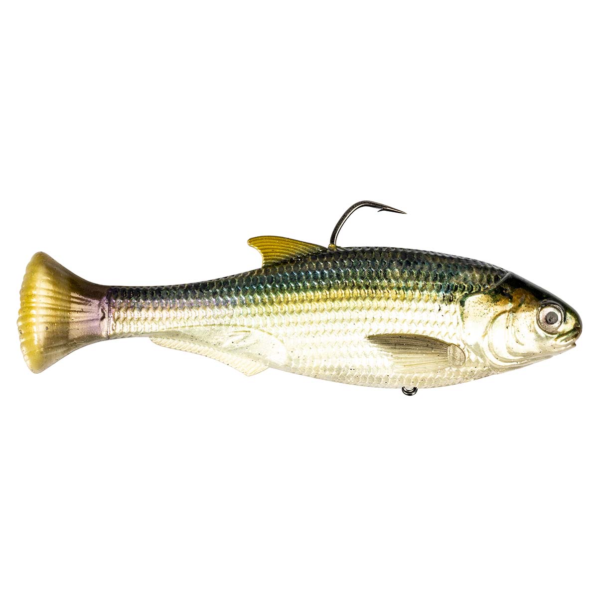 Shadtron LT fish-shaped fishing lure with yellow fins, green back, and rear hook