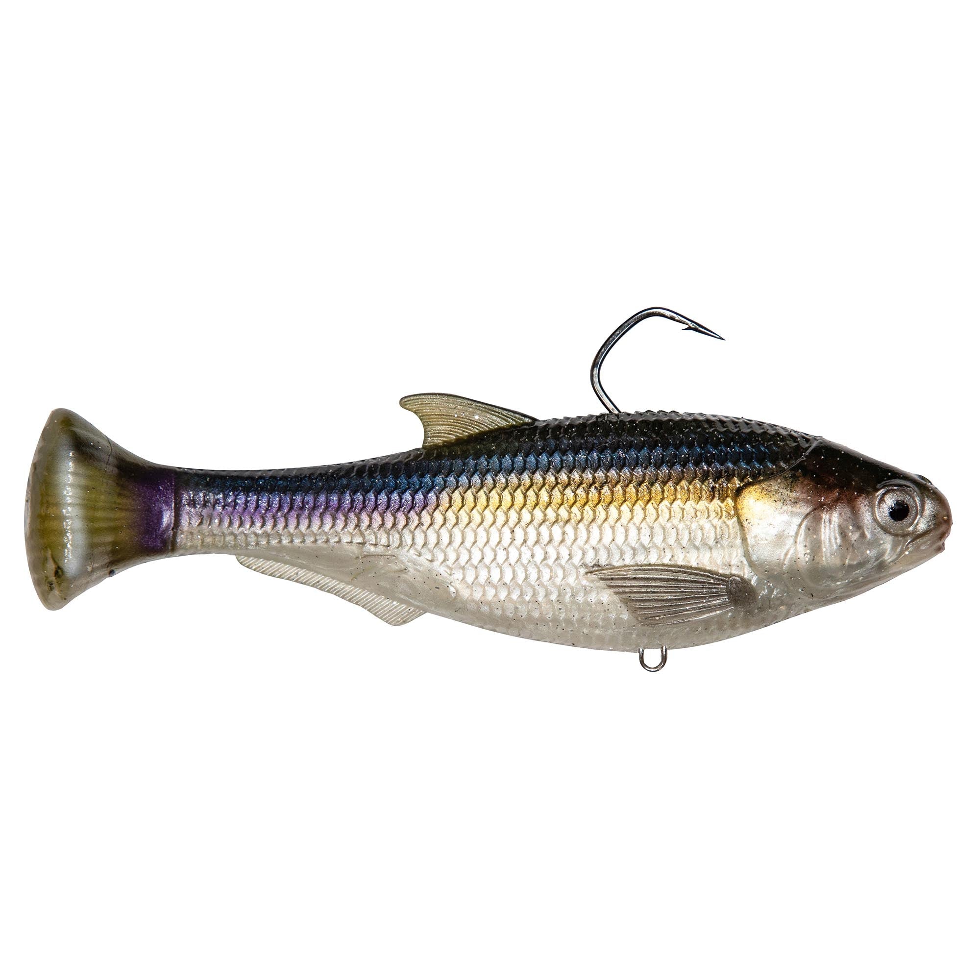 Blue and silver shad-style fishing lure with purple back stripe and single top hook