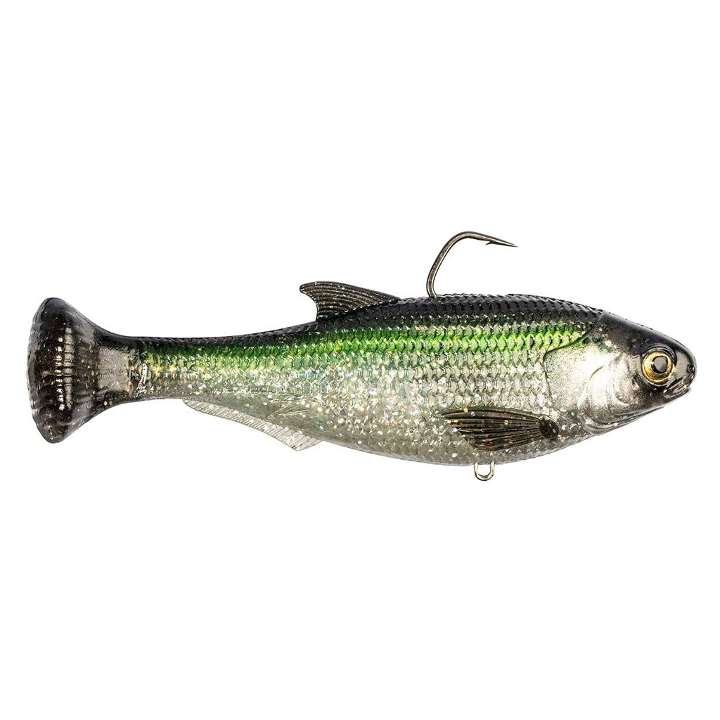 Green and silver shad-style fishing lure with glitter speckle, single hook, and fins