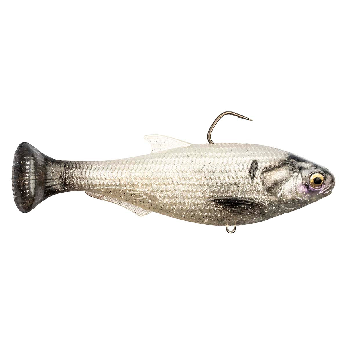 Shadtron LT fish-shaped fishing lure with silver body, black tail, and rear hook