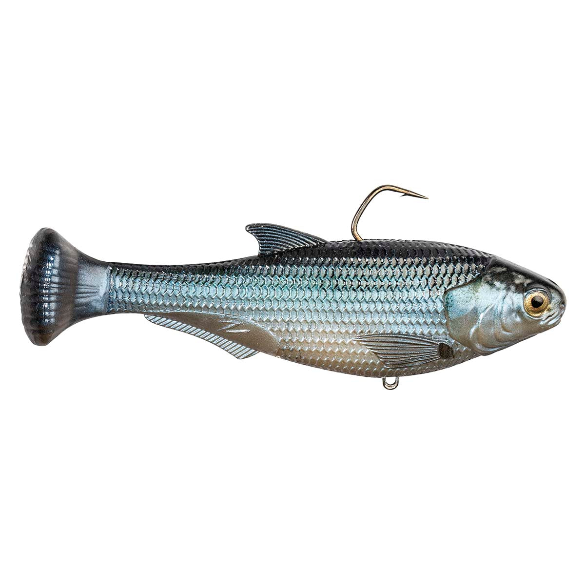 Shadtron LT fish-shaped fishing lure with blue-gray body, dark tail, and rear hook