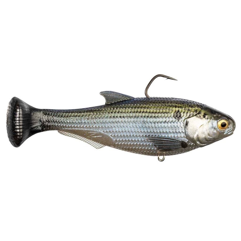 Shadtron LT fish-shaped fishing lure with greenish-gray scales, dark tail, and rear hook