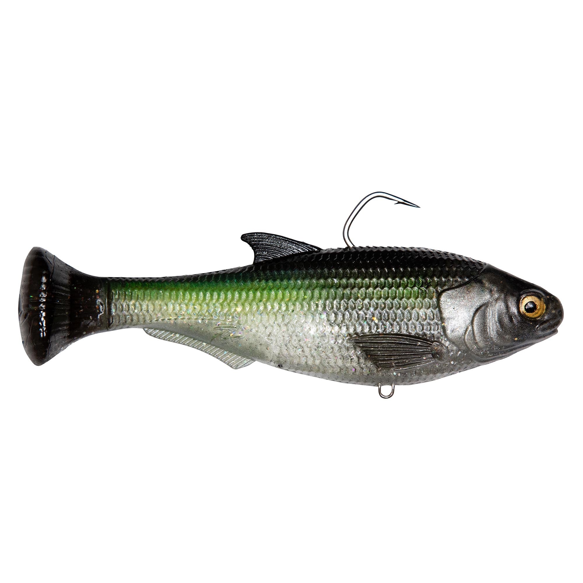 Green-backed shad fishing lure with silver sides and dark eye, treble hook exposed