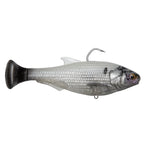 Swimbait fishing lure with silver-white body, dark tail, and exposed hook