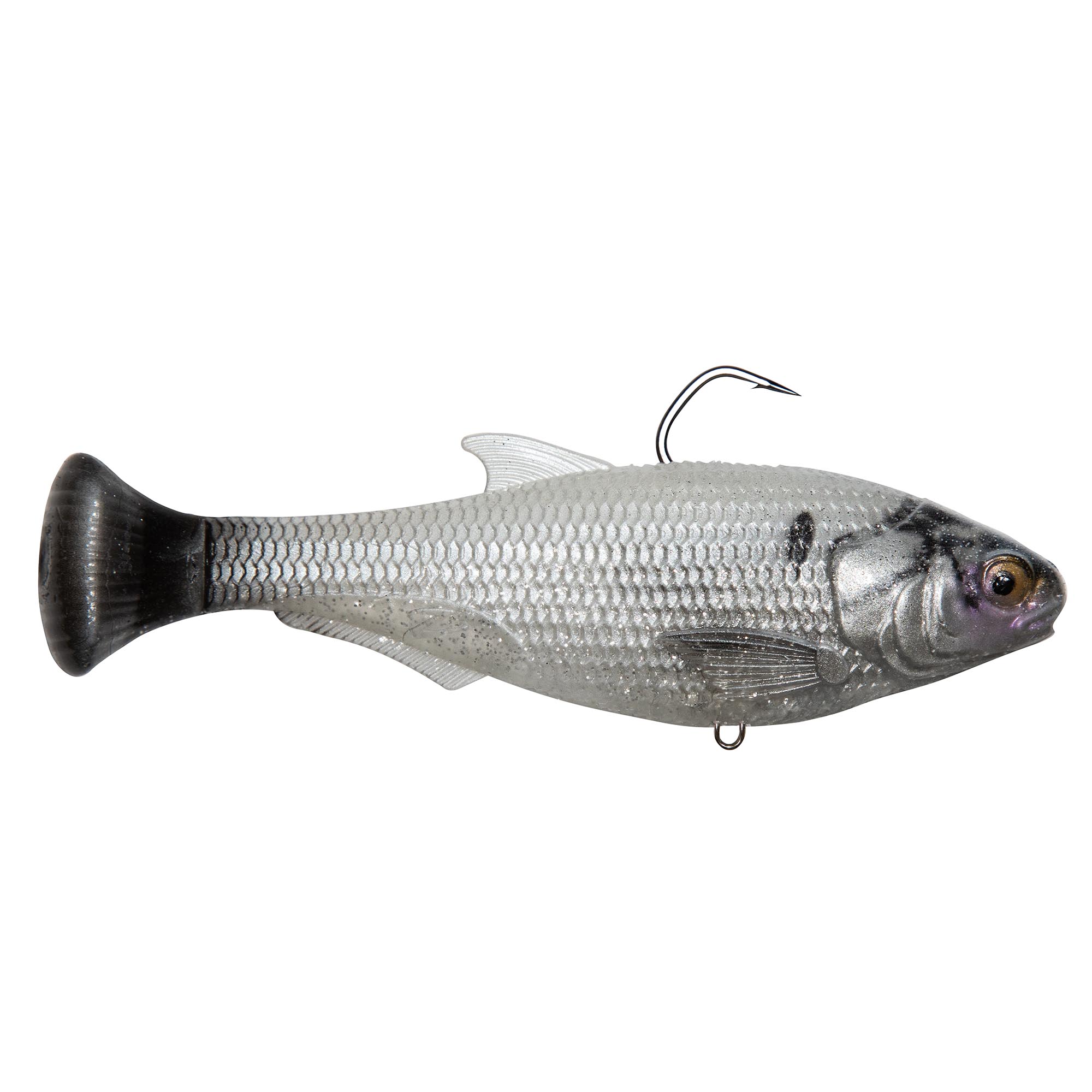 Swimbait fishing lure with silver-white body, dark tail, and exposed hook