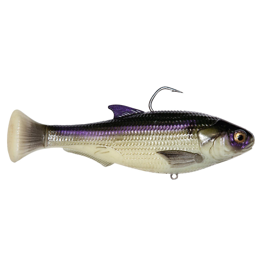 Silver shad fishing lure with purple dorsal and pale yellow belly, exposed treble hook