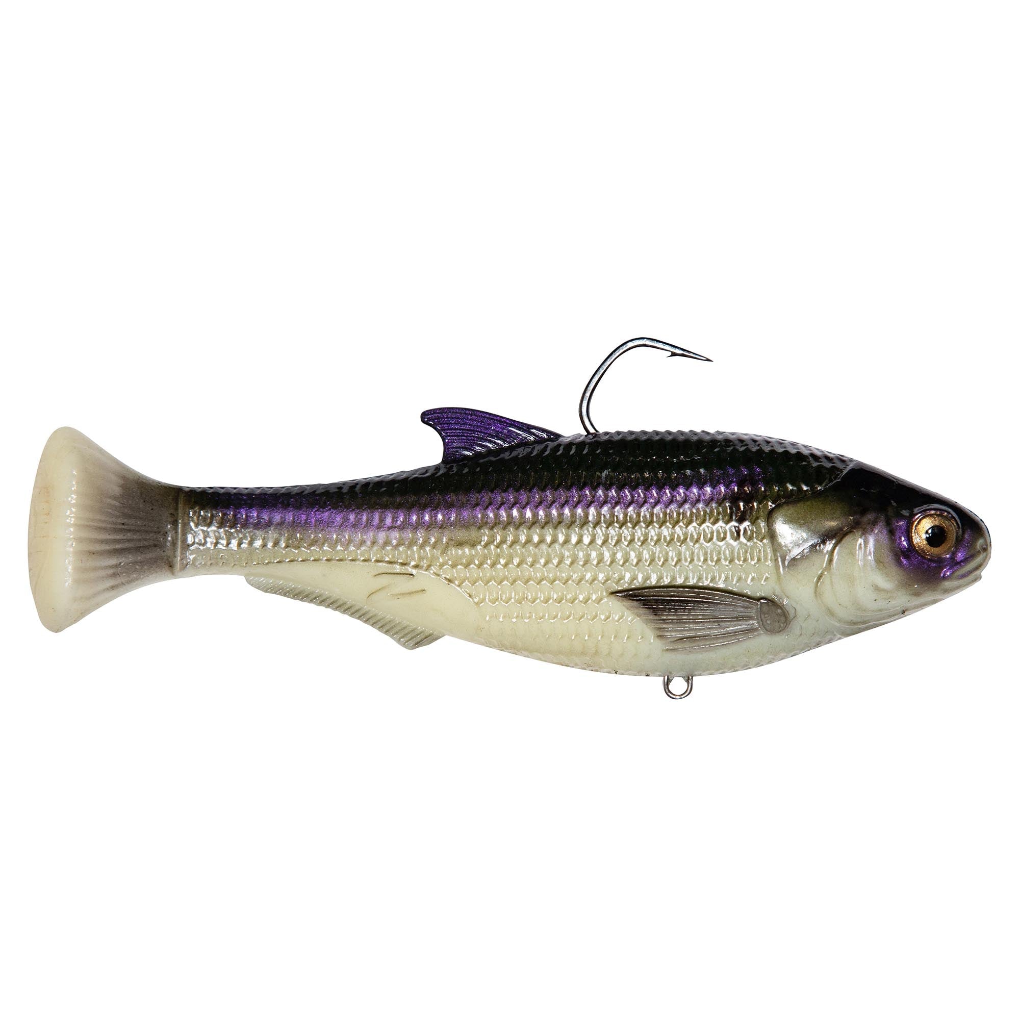 Beige shad-style fishing lure with purple dorsal patch and treble hook