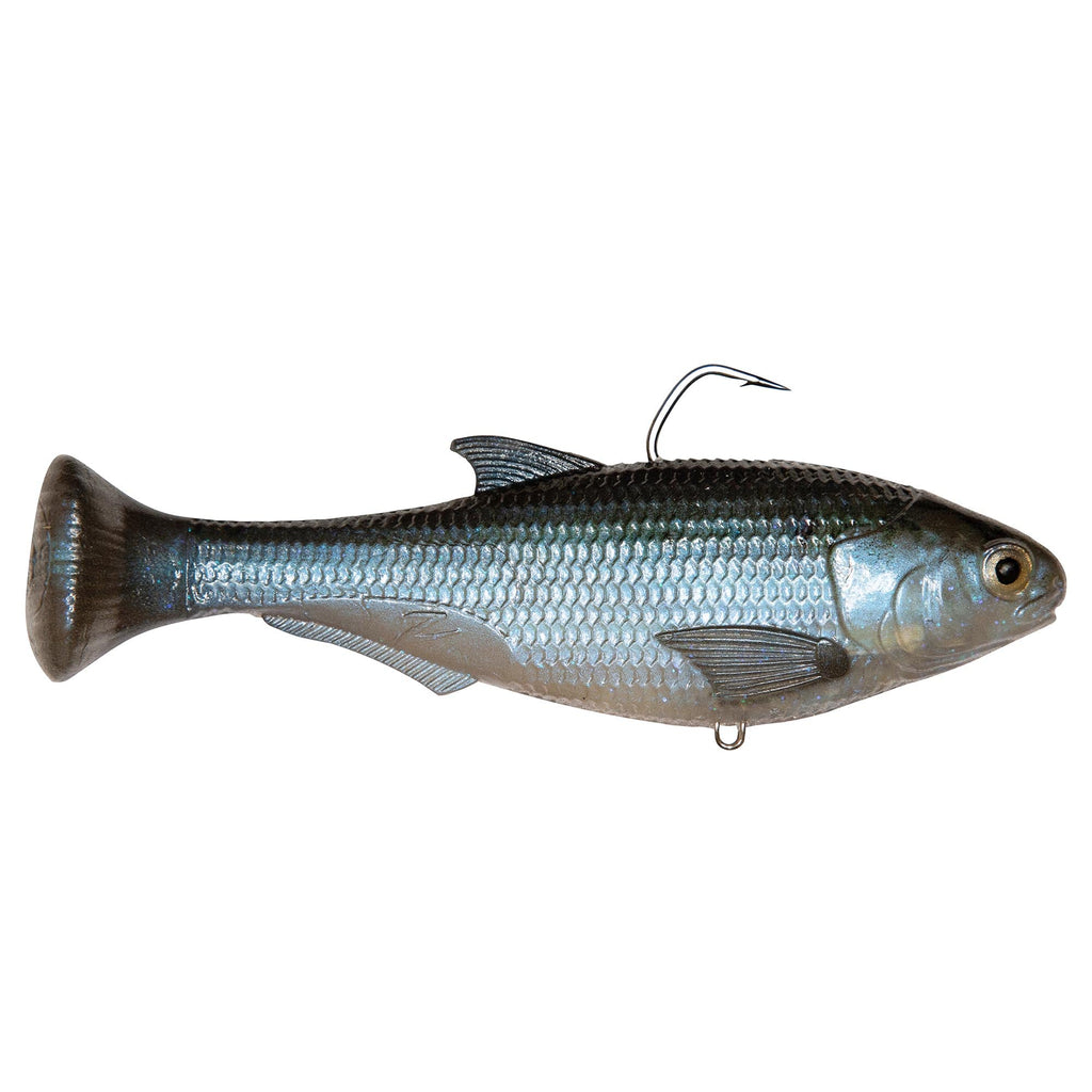 Swimbait fishing lure with blue metallic body, dark dorsal, and exposed hook