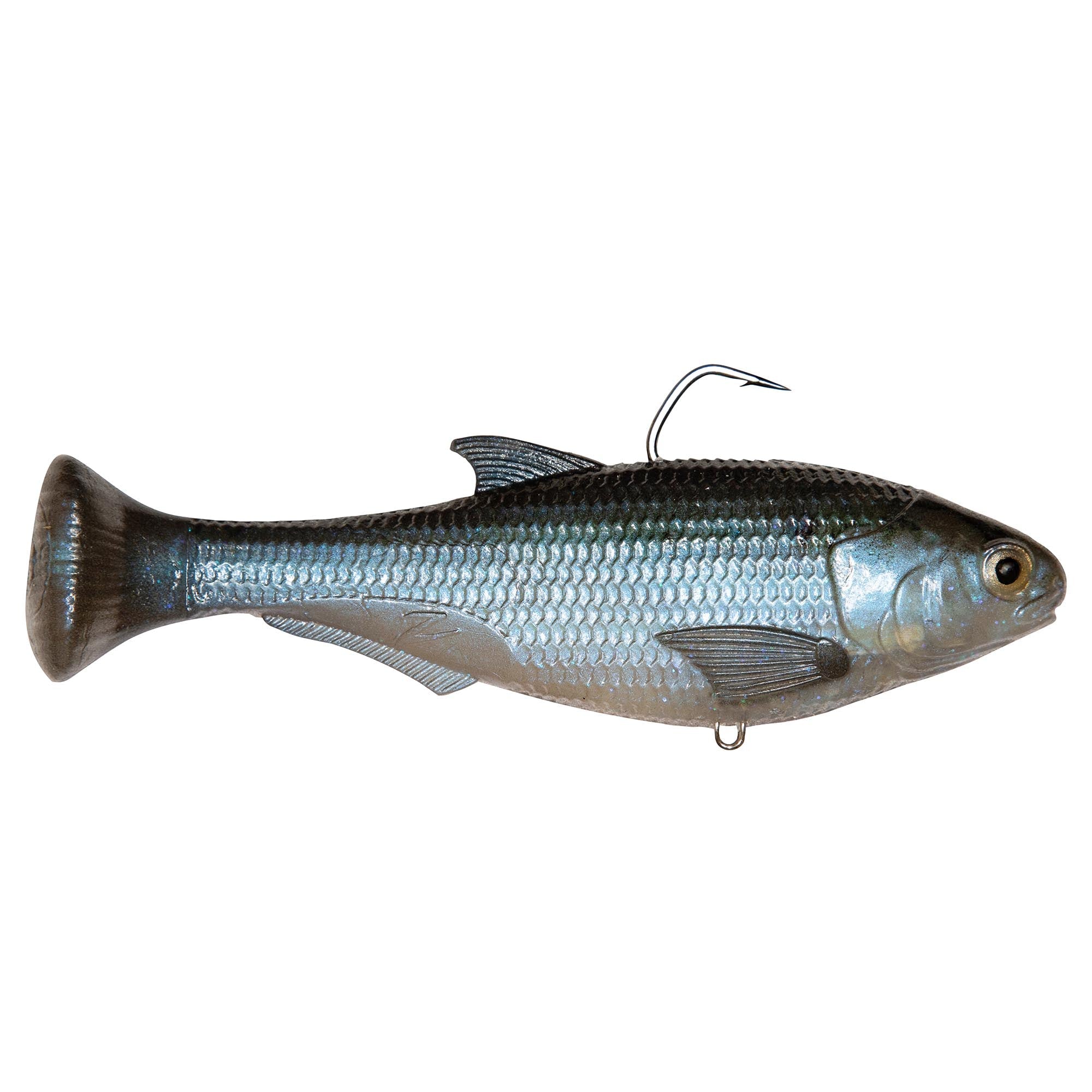 Blue-gray shad-style fishing lure with dark tail, side gills, and treble hook