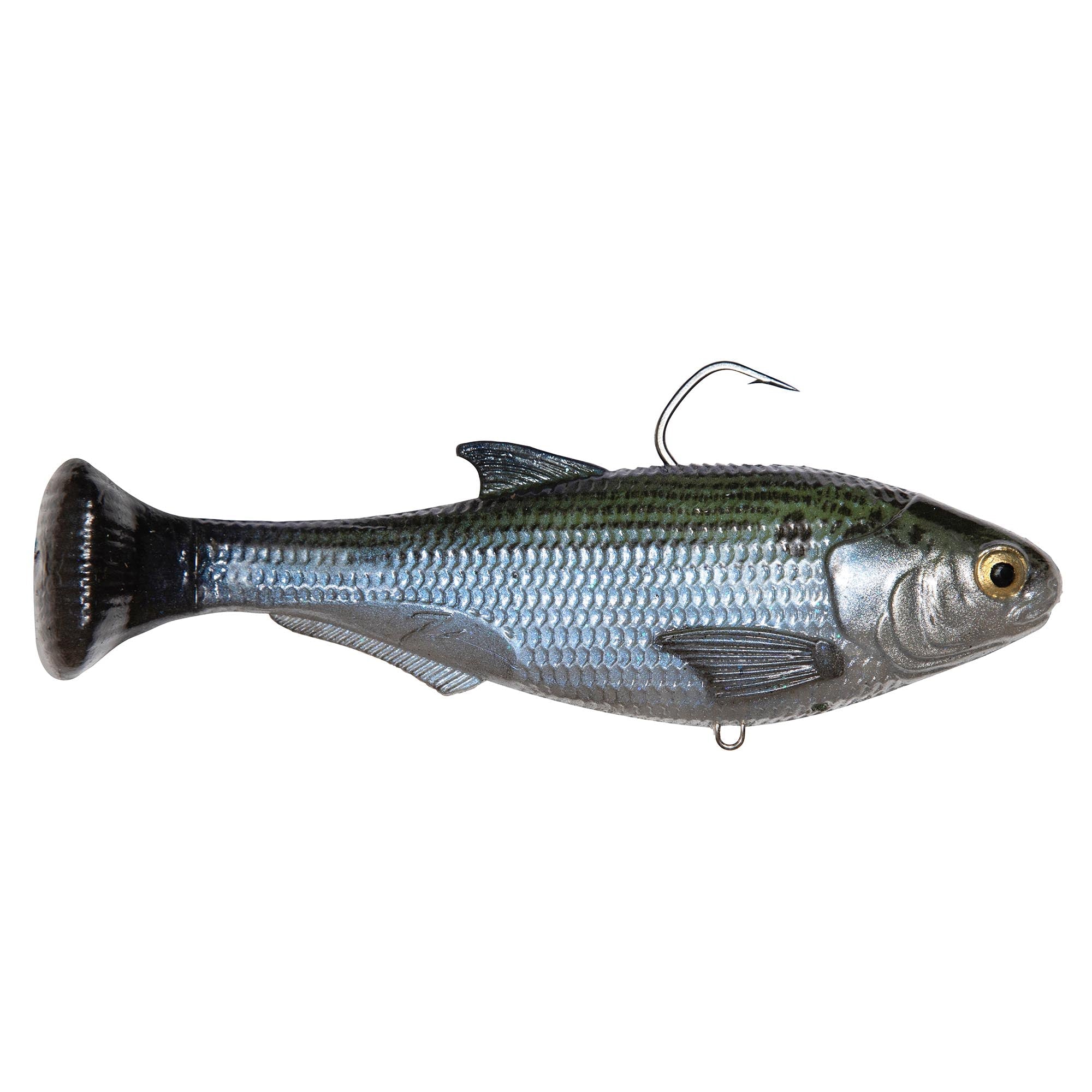 Dark blue shad fishing lure with silver belly, small fins, and exposed treble hook
