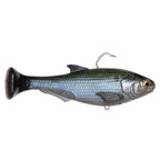Dark green shad-style fishing lure with metallic scales and treble hook