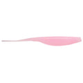 Pink translucent fishing lure with slender paddle body and flat tail