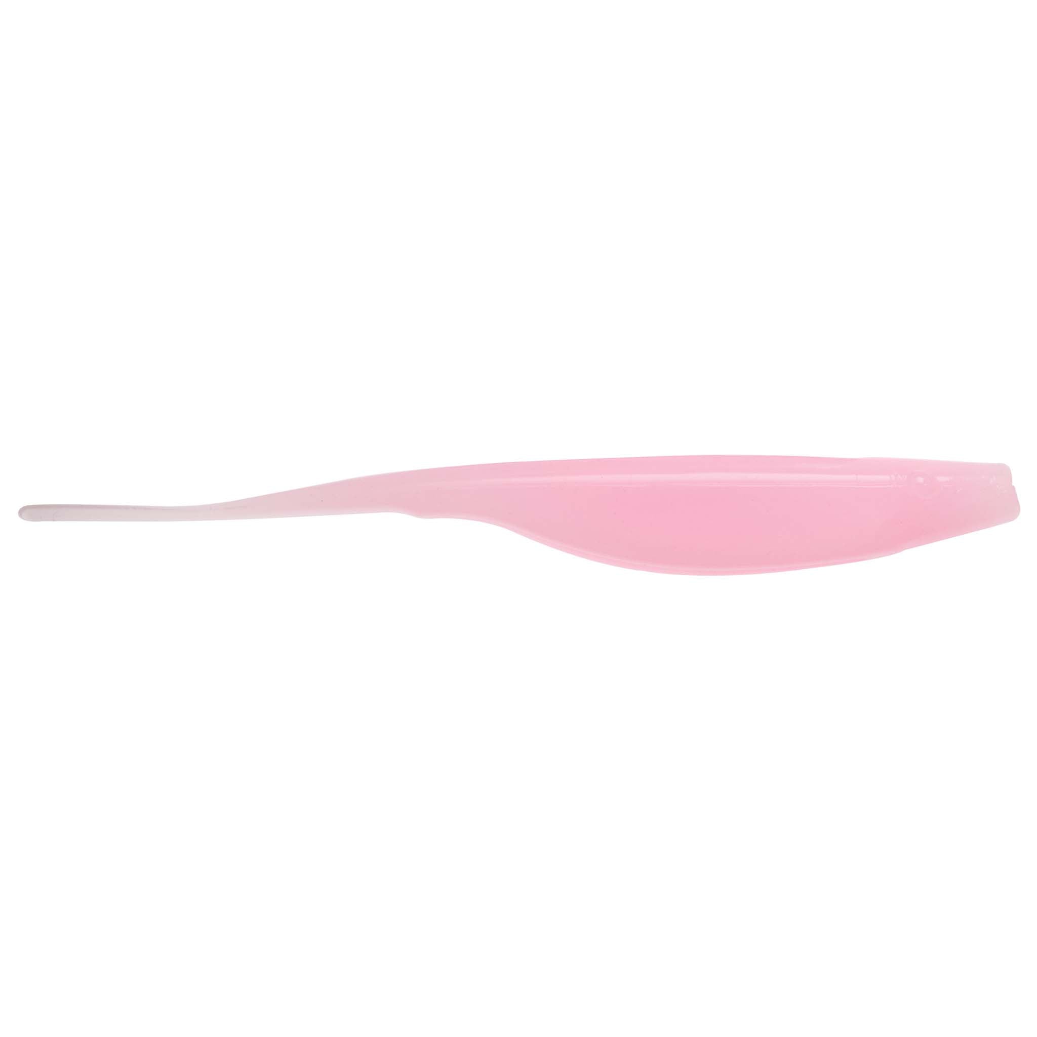 Pink translucent fishing lure with slender paddle body and flat tail