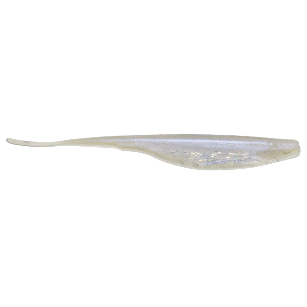 Pearl translucent fishing lure with silver sheen and slender paddle tail